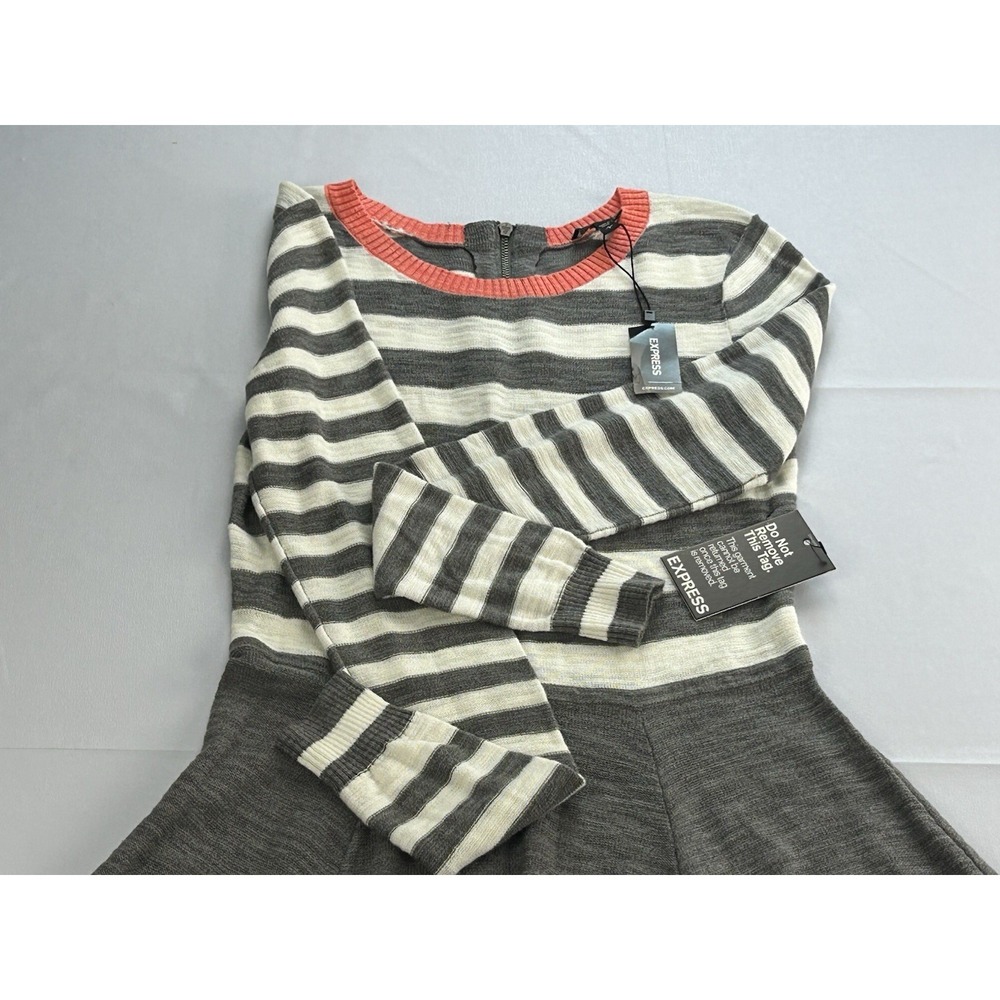 Express Sweater Dress Small Gray Striped Fit Flare Knit Long Sleeve Zip NEW 13'